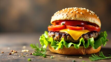 Juicy Beef Patty, Melted Cheese, and Fresh Tomato Slices on a Sesame Seed Bun, Garnished with Crisp Lettuce, Ready to Eat