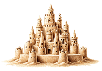 Majestic sandcastle creation with intricate towers and seashell accents, perfect for summer vacation themes and whimsical designs.