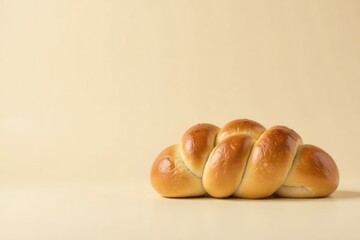 Golden-brown braided loaf of bread, freshly baked, displayed against a pale background, perfect for a culinary advertisement or recipe blog post.