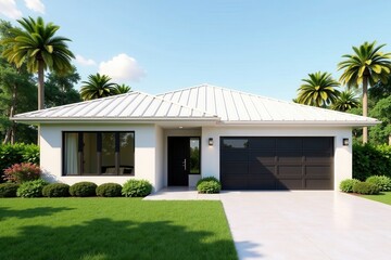 Modern Ranch Style Home with White Metal Roof and Dark Garage Door, Landscaped Yard Featuring Lush Green Grass and Palm Trees