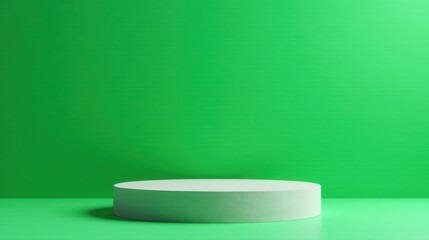 Simple white circular pedestal against a vibrant green backdrop, ideal for product display or showcasing a minimalist design aesthetic.