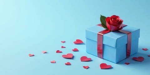 A light blue gift box adorned with a crimson rose and ribbon, surrounded by scattered paper hearts on a pastel background.