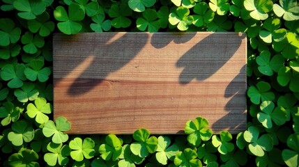 Sun-Dappled Wooden Plaque Resting on a Bed of Vibrant Green Clover Leaves