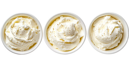 Three bowls of creamy mashed potatoes isolated on transparent background