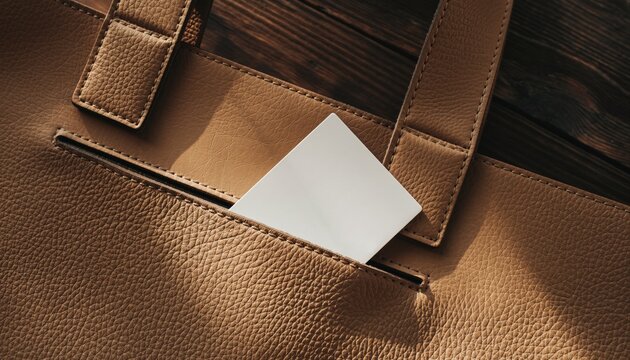 Blank Plastic Keychain Card Mockup Peeking from Leather Tote Bag Pocket