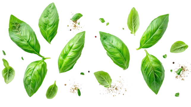Fresh green basil leaves scattered isolated on transparent background