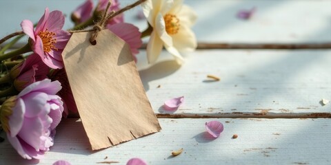 A rustic blank tag rests gently amongst a bouquet of delicate pink and cream blossoms scattered on a weathered white wooden surface
