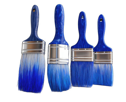 Four blue paintbrushes, varying sizes, against a black background.  Handles are textured