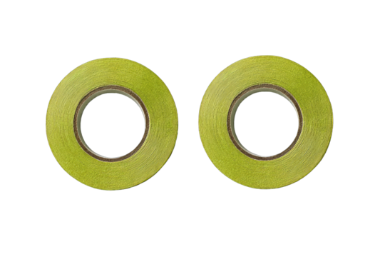 Two lime-green circular objects, centered, with dark rings and inner holes