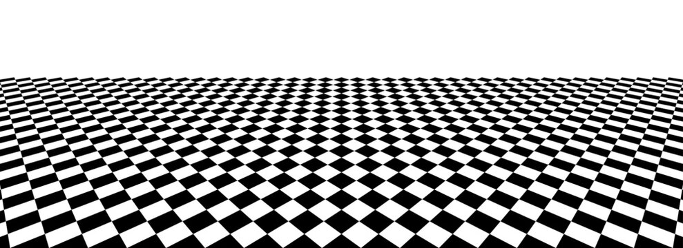 Black and white checkerboard floor in perspective. Abstract checkered tile pattern background. Vector horizontal chess board grid plane surface. Retro vintage empty ball room checker floor