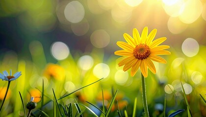 A close-up of a bright yellow daisy stands tall in a sun-drenched meadow, surrounded by soft bokeh lights and green grass.