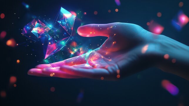 Hand holding a digital crystal with glowing particles in a dark environment
