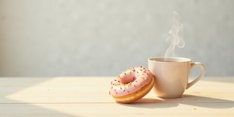A delightful pink glazed donut with colorful sprinkles sits beside a steaming cup of hot beverage on a light wooden surface, bathed in soft sunlight.