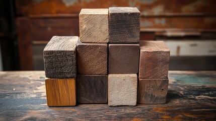 A small stack of reclaimed wood blocks, varying grains, real objects, warm light