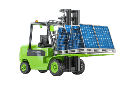 Green forklift carrying solar panels on pallets