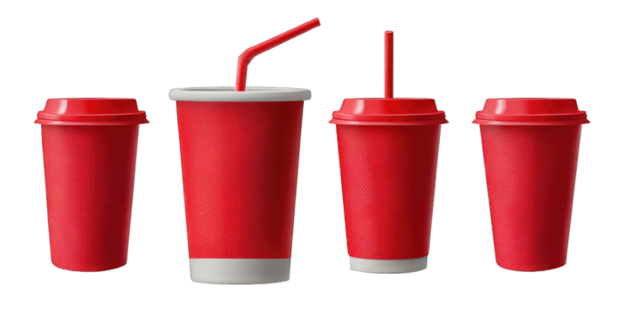 Four red disposable cups with straws, white rims, and lids
