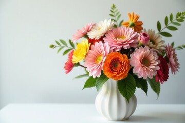 A vibrant bouquet of multicolored gerbera daisies and ranunculus blossoms arranged in a simple, elegant white vase, adding a touch of springtime cheer to any room