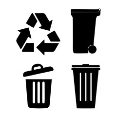 Recycling symbol and various trash cans represent waste management and environmental responsibility on a clean white backdrop.