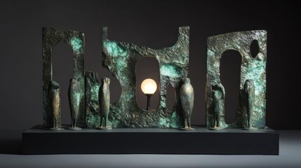 Fragment of a Roman household Lararium altar, miniature bronze deities replaced with abstract, shimmering energy forms, dim, flickering lamplight