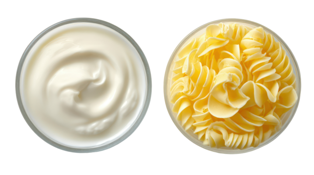 Two oval containers one with creamy white yogurt and the other with yellow pasta isolated on transparent background