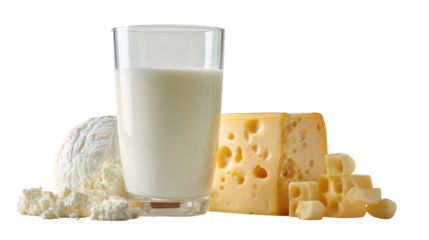 Glass of milk and cheese products isolated on transparent background