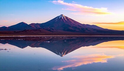 A majestic volcano with snow-capped peaks is perfectly reflected in a calm lake during a vibrant sunset.