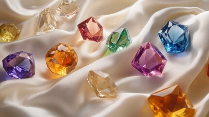 A scattering of unusually cut, vibrant gemstones that absorb light, displayed on white silk, under intense scrutiny, surreal mineralogy