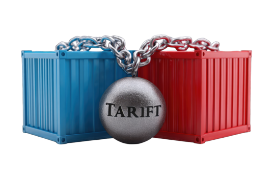 Two shipping containers, blue and red, are chained together with a metal ball inscribed with "TARIFF" in the center