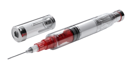 Medical syringe filled with red liquid isolated on transparent background
