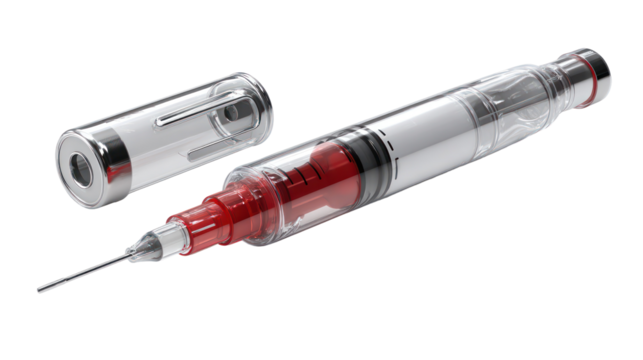 Medical syringe filled with red liquid isolated on transparent background - Powered by Adobe