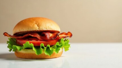 A delectable bacon burger featuring crisp lettuce, ripe tomato, and succulent bacon on a toasted bun, perfect for a satisfying meal