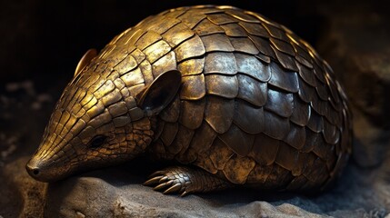 Armadillo, its shell segments like polished, overlapping bronze shields, curled into a protective ball, soft, earthy light
