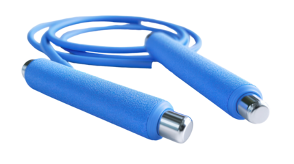 Blue jump rope with textured handles isolated on transparent background