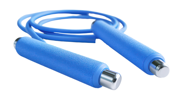Blue jump rope with textured handles isolated on transparent background