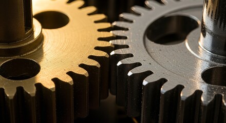 Close up view of two interlocking metal gears representing teamwork and mechanical precision.