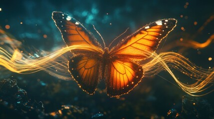 Butterfly with wings made of pure, solidified sound waves, vibrant and dynamic, synesthetic lighting
