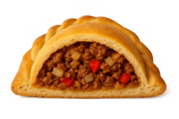 Empanada half showing delicious ground meat filling with onions and red bell pepper on transparent background