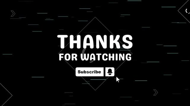 "Thanks for watching" end screen with subscribe button and notification bell icon on black background. - Powered by Adobe