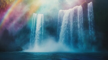 Waterfall whose mist forms miniature rainbows and spectral figures, enchanted forest, soft focus