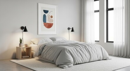 Modern minimalist bedroom with abstract art and natural light for a relaxing space