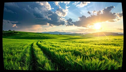 A scenic landscape featuring rolling green hills, a dirt track, and a vibrant sky with sun rays piercing through clouds.