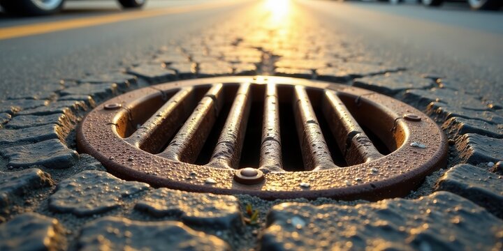 Golden Hour Street Drain Detail Cobblestone Texture and Sunset Glow