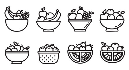 Bowls of fresh fruit vector illustration in black and white style