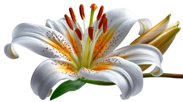 Lily in Bloom: A close-up view unveils the intricate beauty of a pristine white lily, its delicate petals gracefully unfurling to reveal a vibrant interior.