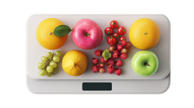 Assortment of fresh fruits and berries on a digital scale isolated on transparent background
