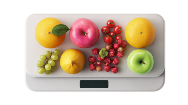 Assortment of fresh fruits and berries on a digital scale isolated on transparent background