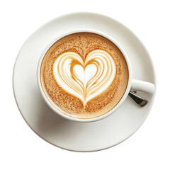 Cup of coffee with heart shaped latte art isolated on transparent background
