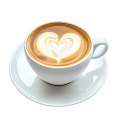 White cup of coffee with heart latte art isolated on transparent background