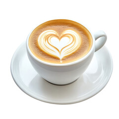 White coffee cup with heart latte art isolated on transparent background