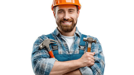 Smiling Construction Worker with Hammers: A skilled construction worker, wearing a protective hard hat, confidently holds two hammers, exuding expertise and readiness for any building challenge.